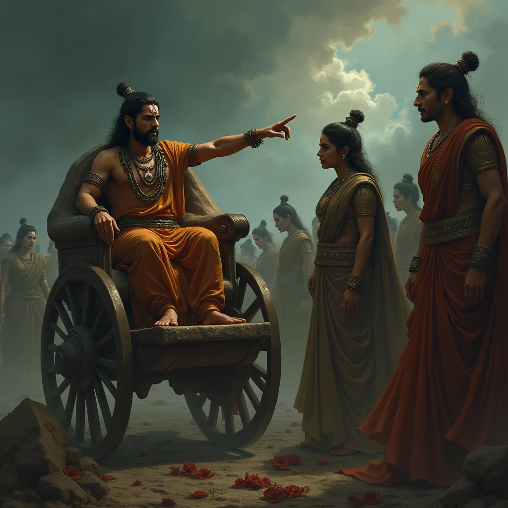 Depict Arjuna in his chariot, deeply distressed and pointing towards a battlefield where the traditional structures and family roles are breaking down. Surrounding him, illustrate spectral figures of women in traditional attire becoming corrupted and distorted, symbolizing the loss of moral integrity. The background should feature a chaotic battlefield, with shadows and dark, swirling mists representing the rise of adharma. Krishna stands beside Arjuna, his expression contemplative, as he listens to the grave concerns about the social and moral decline. The atmosphere should reflect a sense of impending crisis and moral upheaval.
