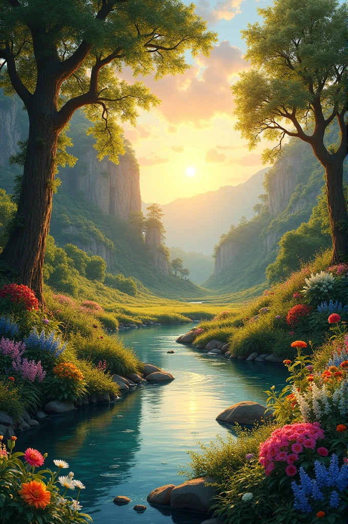 Beautiful landscape at sunset and full of trees and flowers and in the middle passing a beautiful river