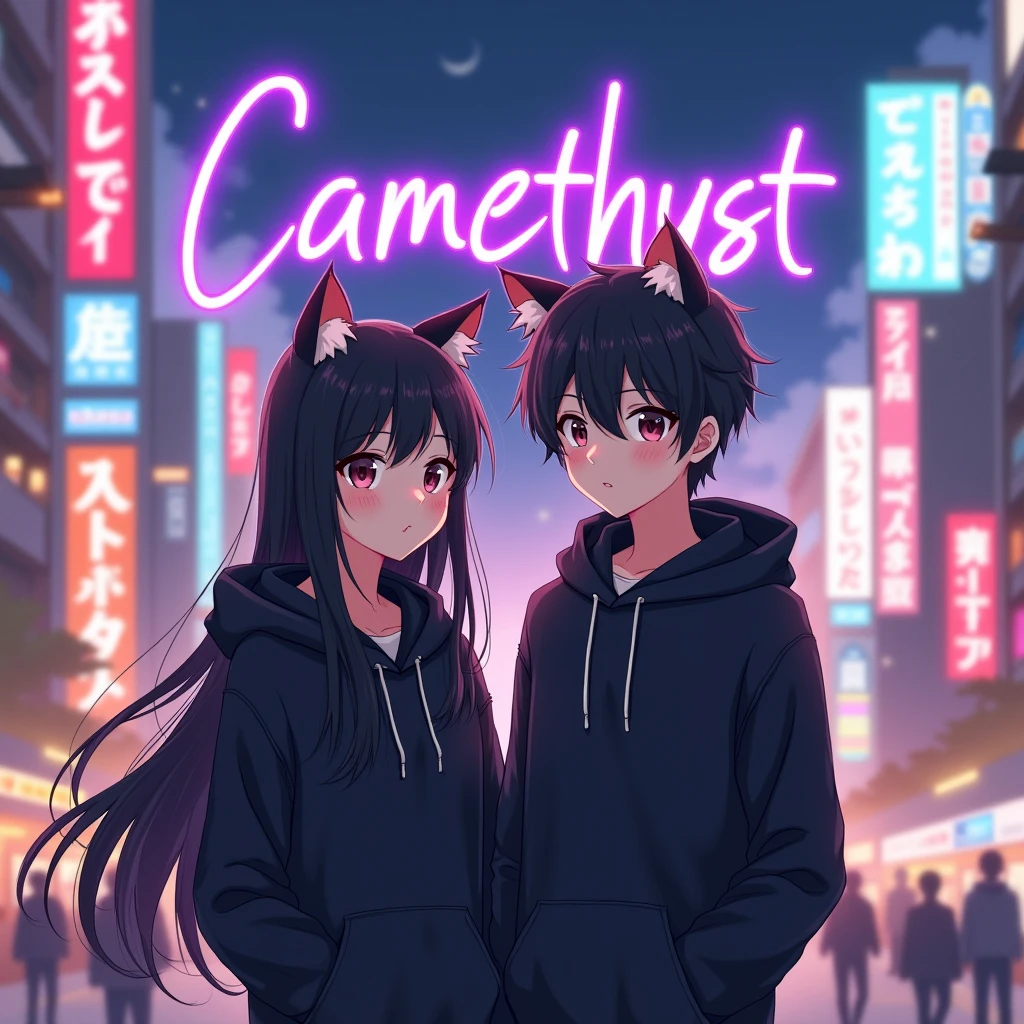 Sweet couple anime wearing black hoodie,
with cat ears, with purple text
"Amethyst" to the girl and "Chronus" to the
boy, in japan citylights background, and the
girl is black long hair