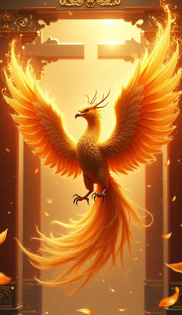 4K Ultra HD、Flapping Phoenix、The Golden Temple、Japanese style、Gold background、Increase your luck with money、Feathers are burning、Flames are scattered、Golden Phoenix、Big Phoenix