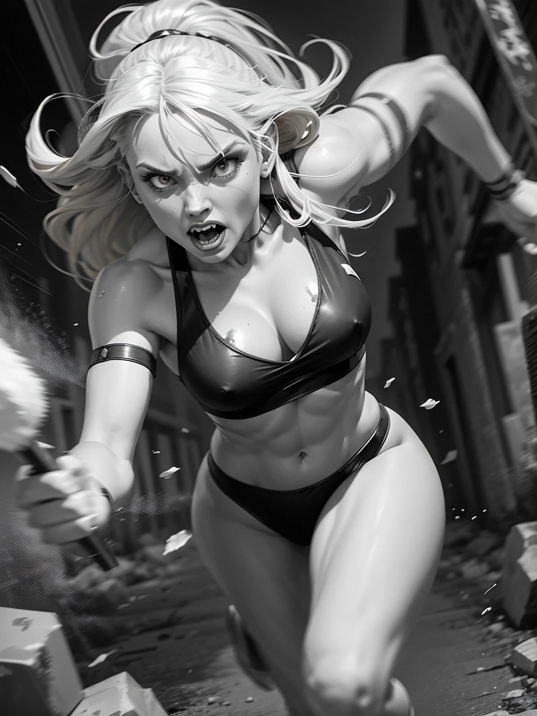 a black and white comic book image of a terrified blonde woman running from a werewolf