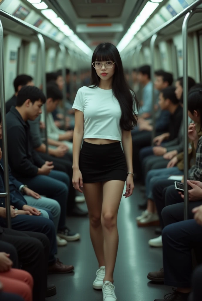 A full-length DSLR shot of a crowded train shows a beautiful Thai woman with long black hair and bangs, an hourglass figure with a large chest, wearing a tight white short-sleeved shirt, a tight black mini skirt, white sneakers, and glasses, standing by the door, looking at the camera shyly.