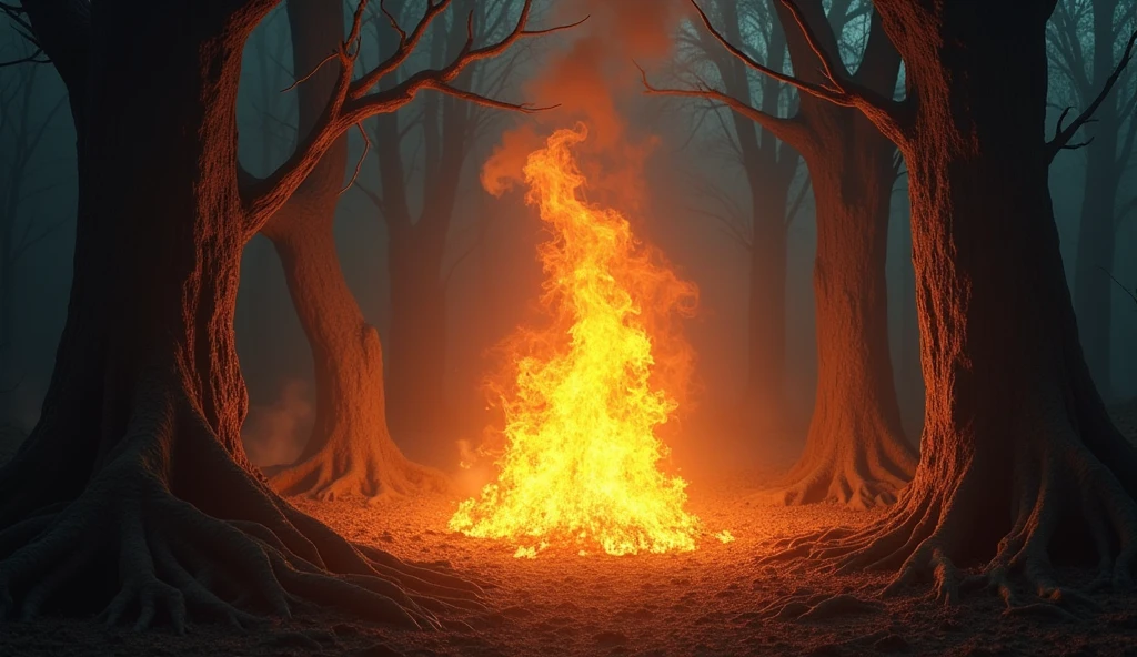 A fierce, glowing fire blazing in a dark forest, symbolizing strength and resilience amidst darkness.