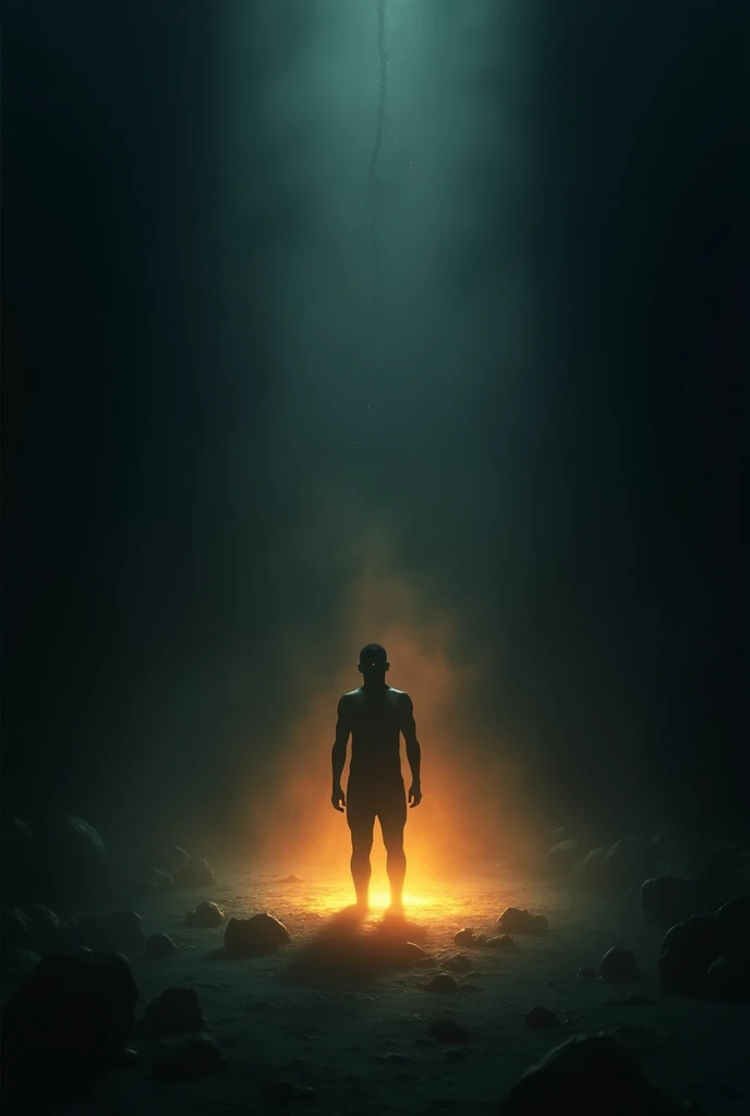 CREATE AN IMAGE WHERE A PERSON IS BEING LIGHT IN THE MIDDLE OF DARKNESS AND Gloom