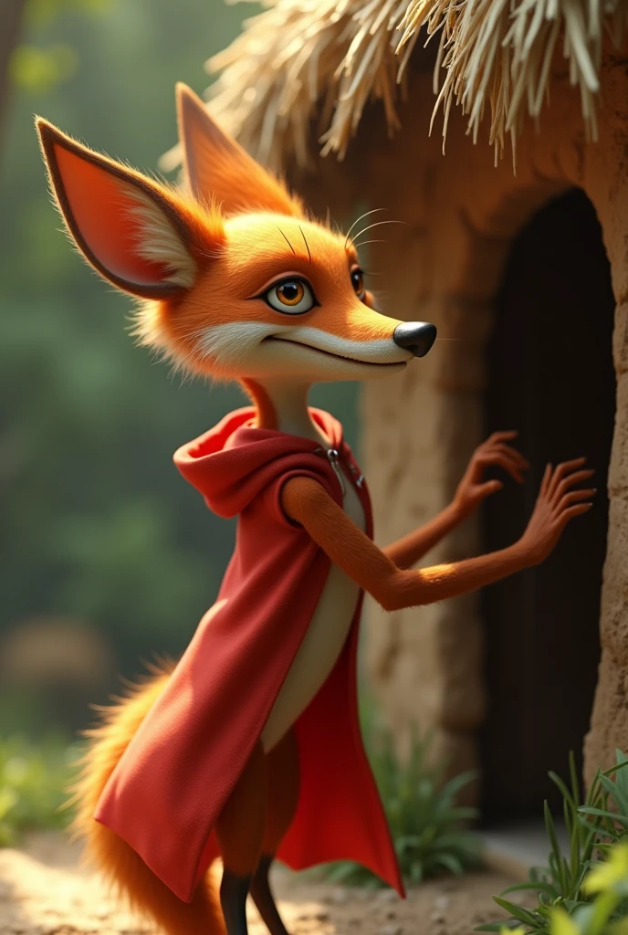 closeup 3D illustration, (1male fox:1.2), (sinister yet playful expression:1.5), dangerously playful, dark humour, wearing a red cape and a red hoodie standing on its too feet like a cartoon character, lean build, (disproportionate body long nose and mouth), (smiling notoriously with expression of mischievous intent), (realistic fur texture), (jungle background:1.4), standing and knocking the door of a straw house, sunlight filtering through the trees, (soft lighting:1.3), (green and earthy color scheme:1.3), (highly detailed), (ultra quality:1.3), (masterpiece), (digital art), 8K resolution, HDR, depth of field, (soft shadows), (photorealistic:1.3), (animation:1.2), (by Greg Rutkowski:0.9), (in the style of Alphonse Mucha), trending on ArtStation, award-winning art