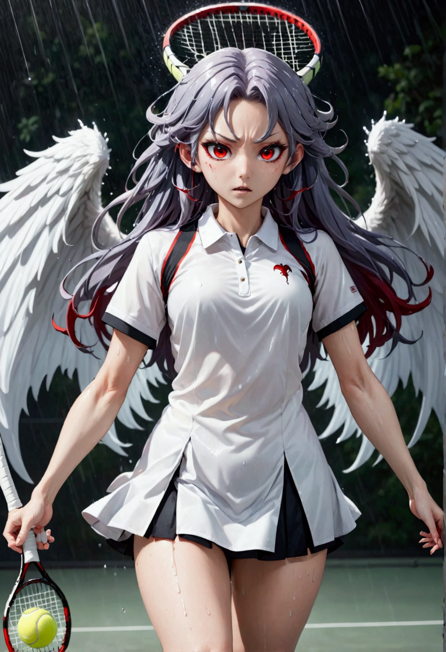 (8k, Highest quality, Manga style, View your viewers), (Intricate details,One person, Nakiri Ayame, 2Demon horns in the book, Multicolored Hair, Long Hair, Red eyes, Gray Hair), (Six alternating white angel wings and black devil wings:1.3), (Tennis Wear, tennis racket), (The moment the tennis ball is hit back, Sweating, Full body portrait, Being hit by rain, Soaking wet)