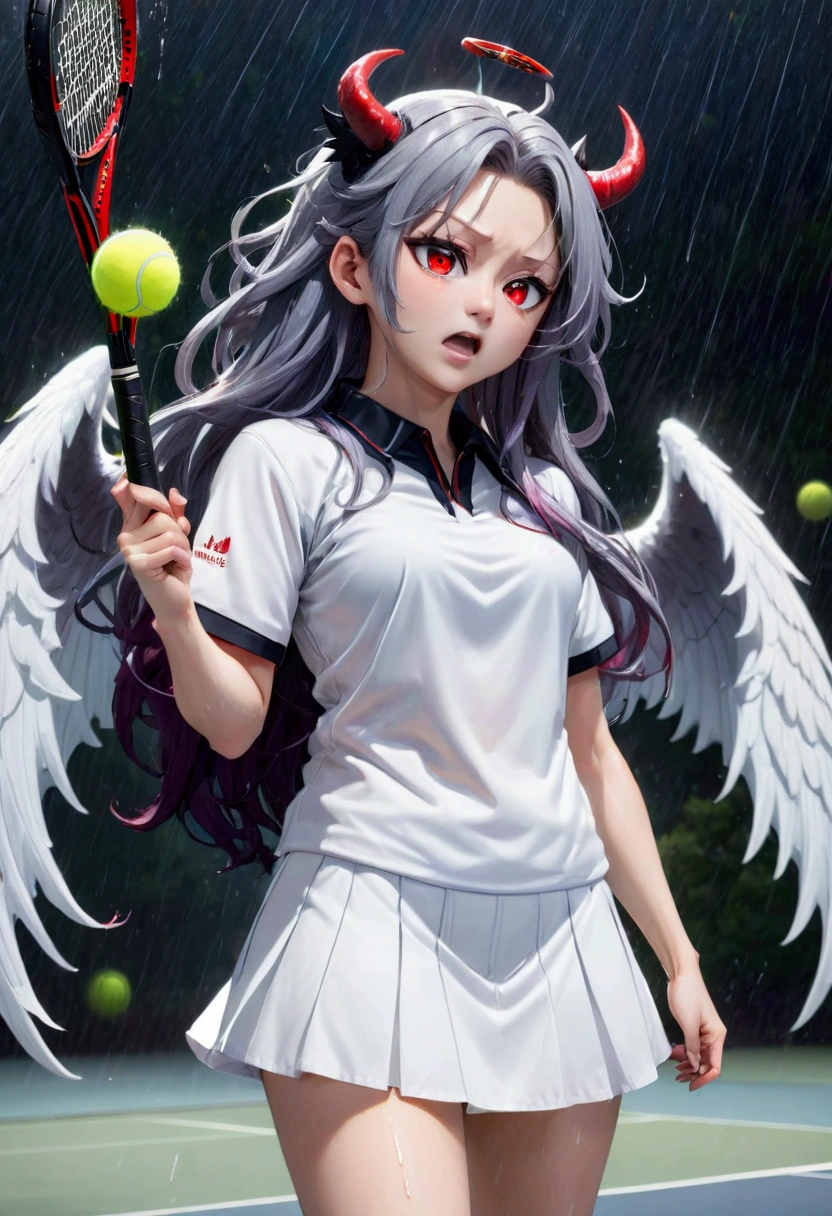 (8k, Highest quality, Manga style, View your viewers), (Intricate details,One person, Nakiri Ayame, ２Demon horns in the book, Multicolored Hair, Long Hair, Red eyes, Gray Hair), (Six alternating white angel wings and black devil wings:1.3), (Tennis Wear, tennis racket), (The moment the tennis ball is hit back, Sweating, Full body portrait, Being hit by rain, Soaking wet)