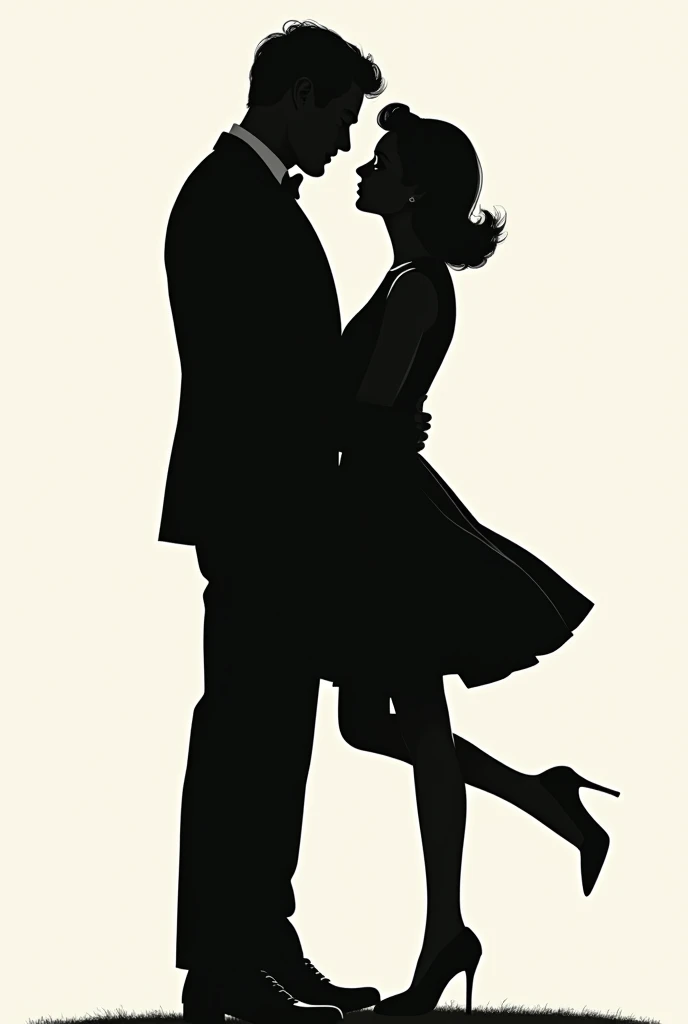 shadow silhouette of a tall man in a suit kissing a short girl who has shoulder length hair. she's in a 1960s dress and heels and her hair is straightened