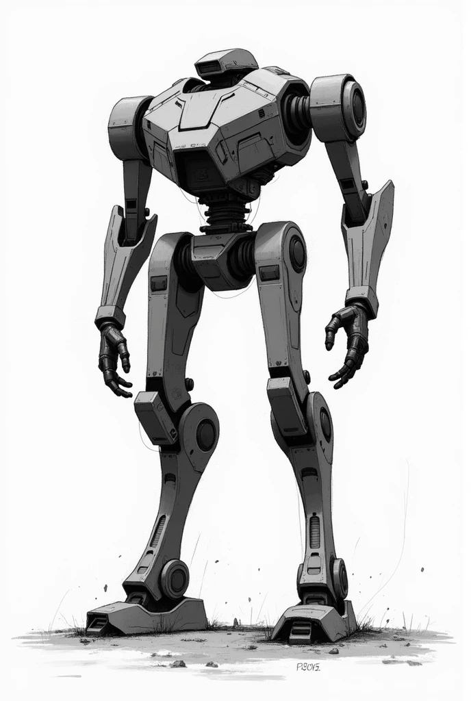 Make a black and white drawing, as a 2D sketch of a robot with the following description: Metallic grey color, tall height, thick build, long limbs