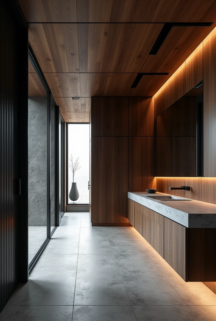 Professional architectural space photography,Future Housing,technology,Minimalist industrial style,Walnut and black walls,Concrete top,Interior design master works,Fascinating light and shadow