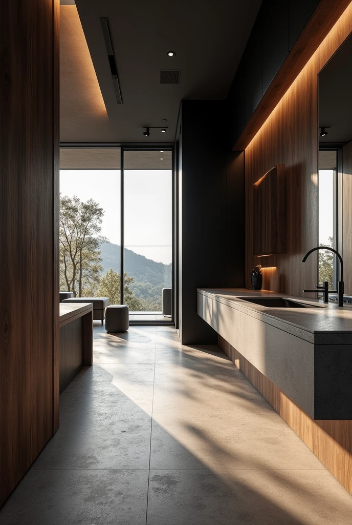 Professional architectural space photography,Future Housing,technology,Minimalist industrial style,Walnut and black walls,Concrete top,Interior design master works,Fascinating light and shadow