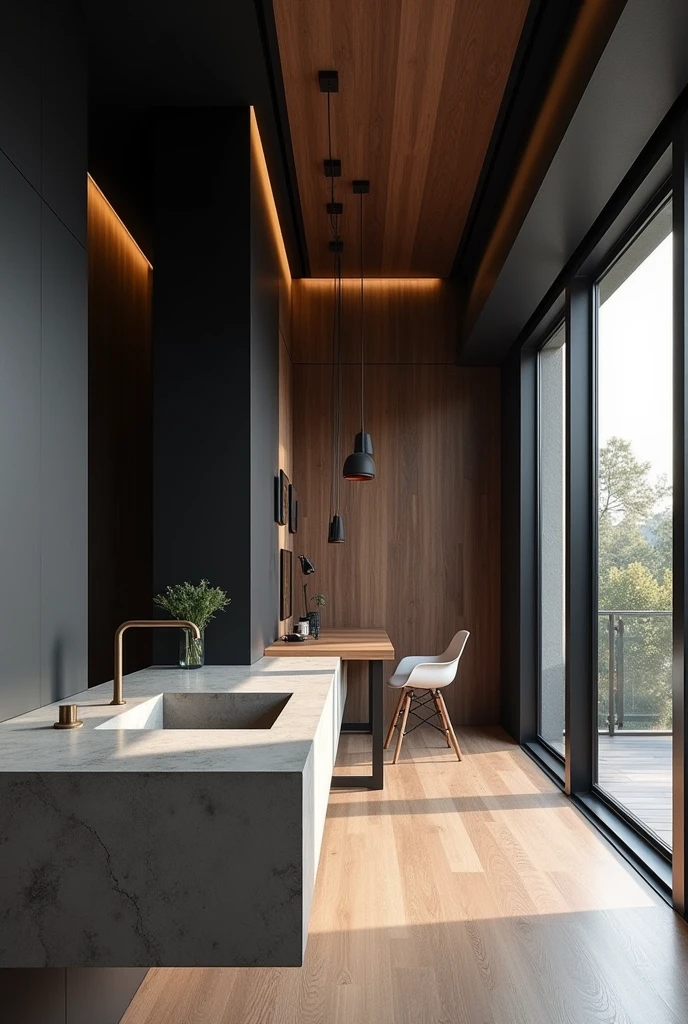 Professional architectural space photography，Future Housing，technology，Minimalist industrial style，Walnut and black walls，Concrete top，Interior design master works，Fascinating light and shadow