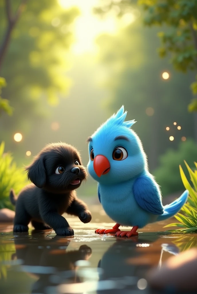 3D animation, little blue bird, with a red beak, of the Ring Neck Psitaculla krameri species, with 2 black shih tzu puppies, creek background 3D Pixar style