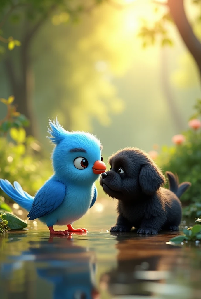3D animation, little blue bird, with a red beak, of the Ring Neck Psitaculla krameri species, with 2 black shih tzu puppies, creek background 3D Pixar style