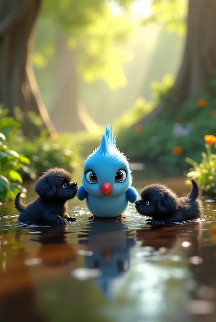 3D animation, little blue bird, with a red beak, of the Ring Neck Psitaculla krameri species, with 2 black shih tzu puppies, creek background 3D Pixar style