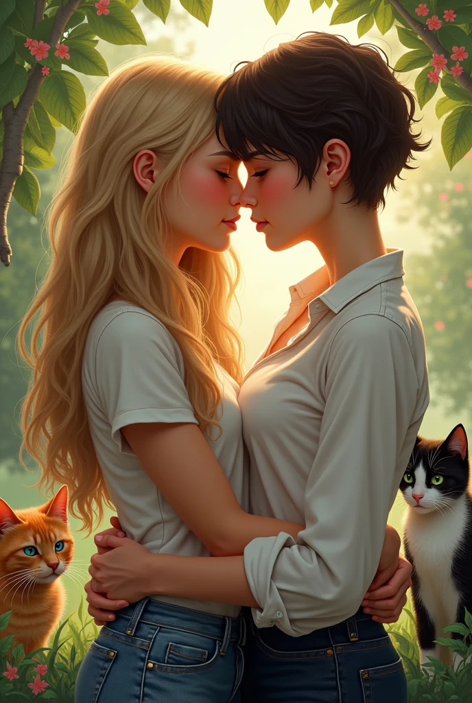 I'm writing a lesbian novel where the elder one in the lead couple is feminine but not so feminine she's 25 and 5'8" tall wears not so feminine clothes has long silky blonde hair with sea blue eyes and the younger one has dar brown short boy cut hair. She is 18 masculine wears stylish masculine clothes and has emerald green eyes she's around 6'2" tall. My novel title is WOVEN TOGETHER.
I don't the cover picture to be in a home scenario
So I want my cover to be something romantic a homely and a little realistic and they both have cats an orange boy and a black and white girl cat. I want you to make a little realistic cover picture for me