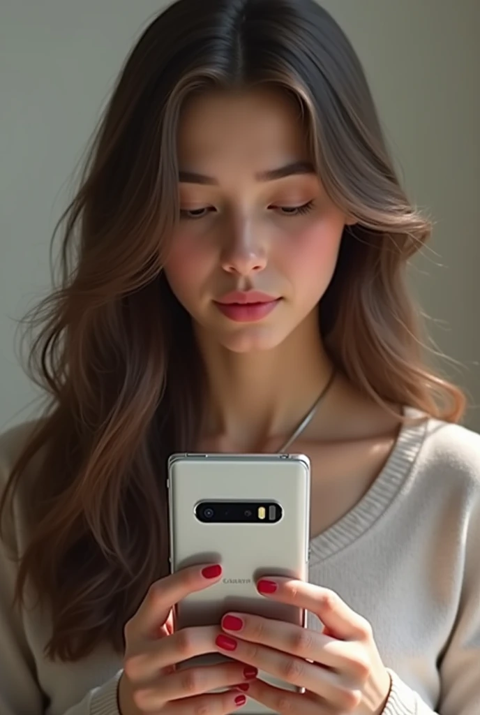 Picture of a girl with a brown hair holding catoned Samsung S10 plus in her hand