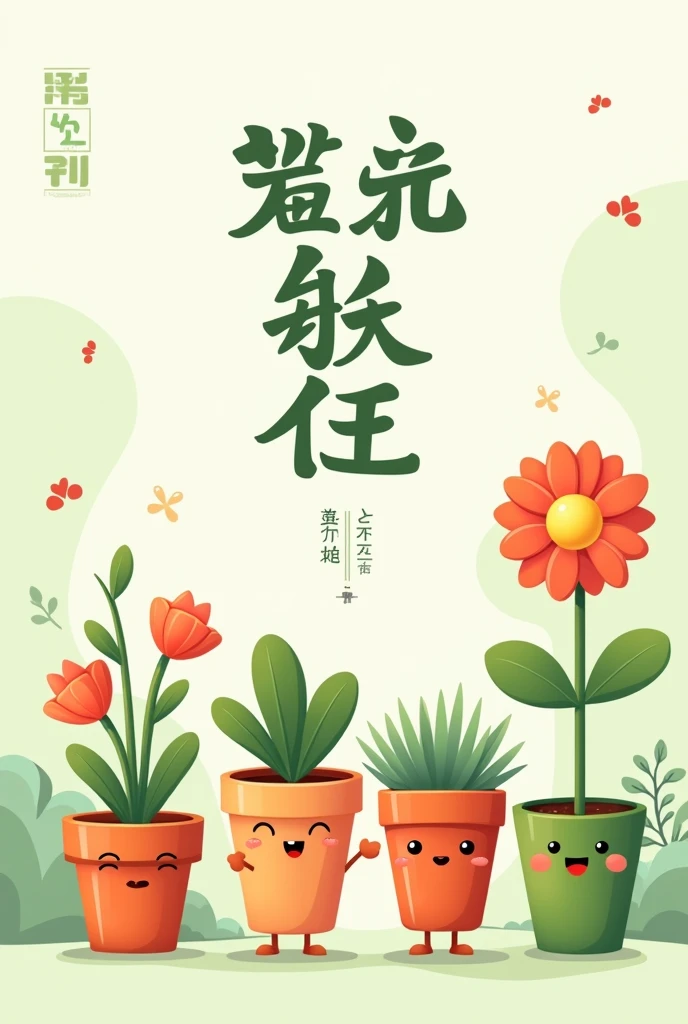 Generate an A4 scale promotional poster，The requirements are as follows：
//Contains the headline &quot;Purely handmade environmentally friendly flower pots&quot;，Use Chinese artistic fonts
//Cartoon style
//The picture is fresh、concise，Light green and white are the main colors