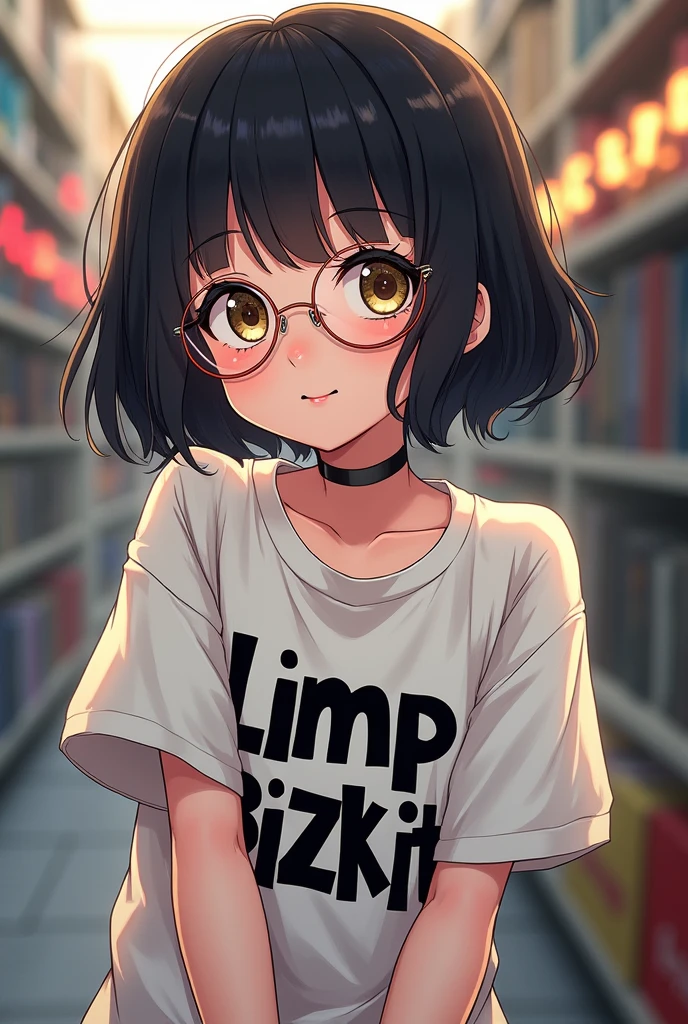 an anime girl with short black hair with bangs with round glasses wearing a limp bizkit shirt