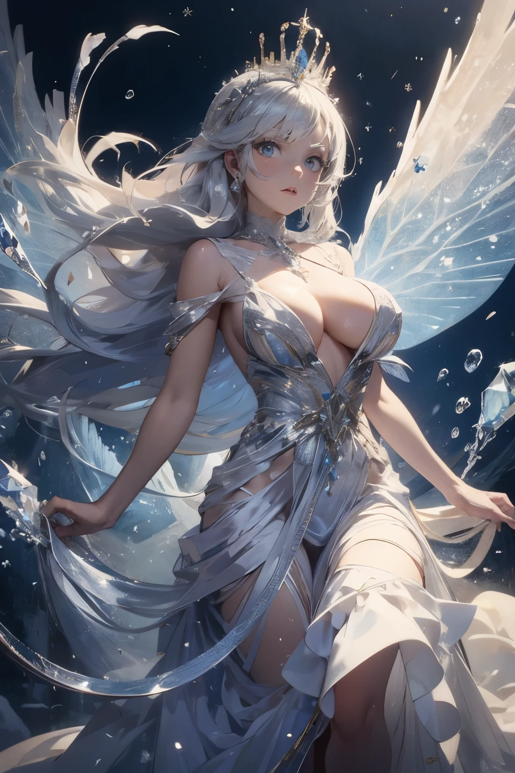 The Snow Queen, she wearing Long silver glittering dress , big breasts，The Ice crown On her head,Background is Ice snakes and Ice butterflies flying