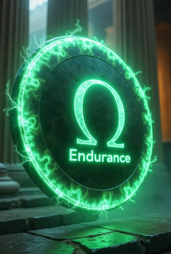 A non-round floating shield with the Omega symbol in the center, that emits a ghostly green electric light and says "endurance" below the symbol and in the background the Greek phanteon