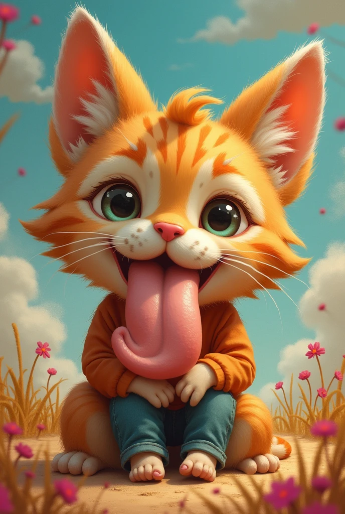 A furry teenager cat with a kid on his tongue