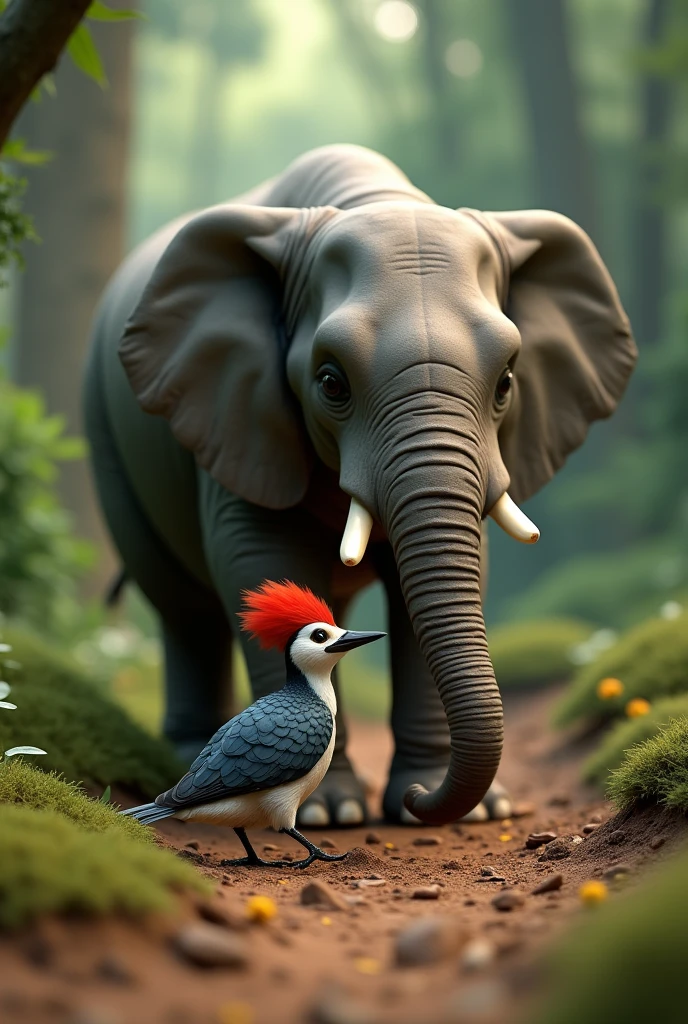 Create 3d image prompt "The woodpecker approaches the elephant and suggests working together. Show them working as a team— the woodpecker pecking at the ground, and the elephant using his strength to dig deeper."