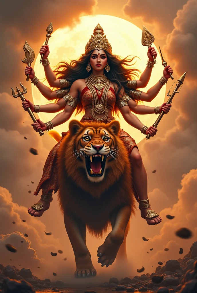 Goddess Durga is one of the most revered and celebrated deities in Hinduism. She embodies the divine feminine energy and is often associated with strength, protection, and the triumph of good over evil. Here are some key aspects of Goddess Durga:
### Symbolism and Iconography
1. **Form**: Durga is usually depicted riding a lion or tiger and wielding a variety of weapons in her multiple arms, each symbolizing her ability to combat various forms of negativity and evil.
2. **Ten Arms**: In her most common representation, she is shown with ten arms, each holding a different weapon given to her by the gods, symbolizing her omnipotence.
3. **Appearance**: She often has a compassionate and fierce expression, resonating with both nurturing and powerful qualities.
### Festivals
1. **Durga Puja**: Celebrated predominantly in West Bengal and other parts of India, this festival honors the victory of Goddess Durga over the buffalo demon Mahishasura, symbolizing the victory of good over evil. It usually takes place in the month of Ashwin (September-October).
2. **Navaratri**: A nine-night festival dedicated to the worship of Goddess Durga, featuring various rituals and cultural performances.
### Mythology
1. **Victory over Mahishasura**: The most popular mythological narrative of Durga is her battle against the demon Mahishasura, who was granted a boon that made him invincible to gods and men. In response, the gods combined their powers to create Durga, who defeated him and restored cosmic order.
2. **Representation of Shakti**: Durga is often seen as a representation of Shakti, the feminine energy that empowers, nurtures, and protects.
### Cultural Impact
- Goddess Durga has inspired countless works of art, literature, and dance, reflecting her importance in various forms of cultural expression in India and beyond.
- She is also seen as a symbol of women's empowerment, embodying qualities such as courage, resilience, and wisdom.
Goddess Durga holds a special place in the h