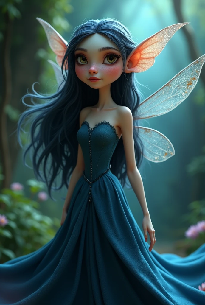 Pixar image, an old fairy , long blue dress, dark hair and eyes, 