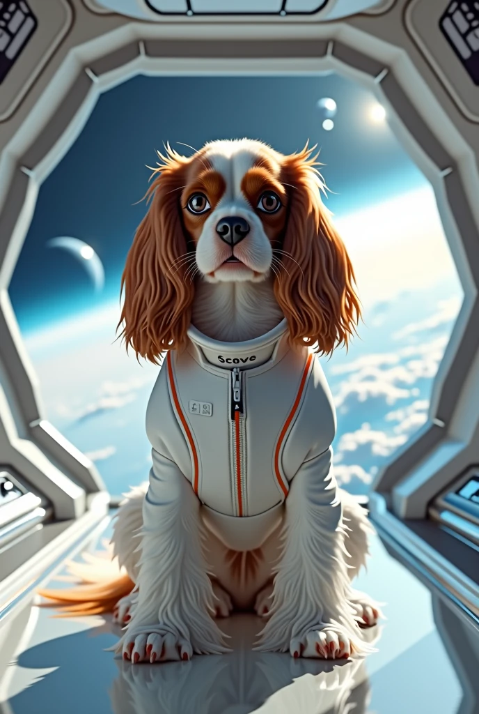 A cavalier king spaniel bleinheim at an astronaut ship. Wearing a white futuristic pet clothe . 