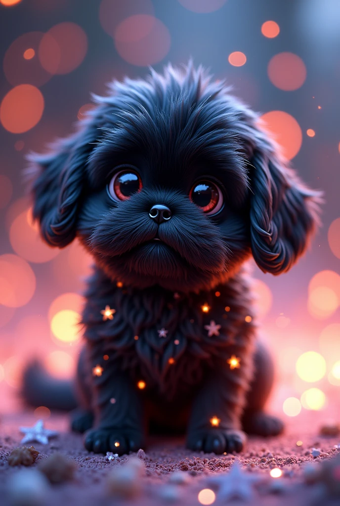 Star black shih tzu puppy, bright lights, sparkling 3D Pixar style