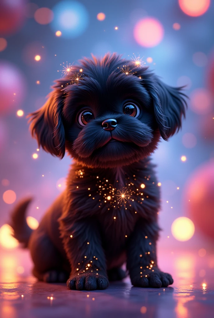 Star black shih tzu puppy, bright lights, sparkling 3D Pixar style