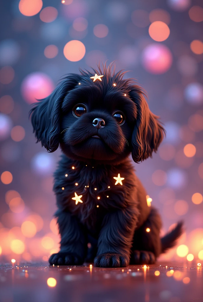Star black shih tzu puppy, bright lights, sparkling 3D Pixar style