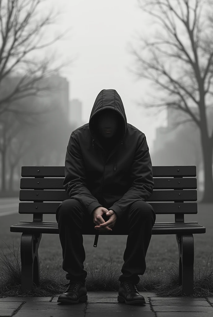 A dipressed men with blur face sit on brnch to backside black and white image