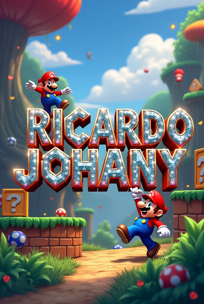 Create a Mario Bros image with the word in the center "Ricardo Johany" with the Capital letters of diamonds with jewels 