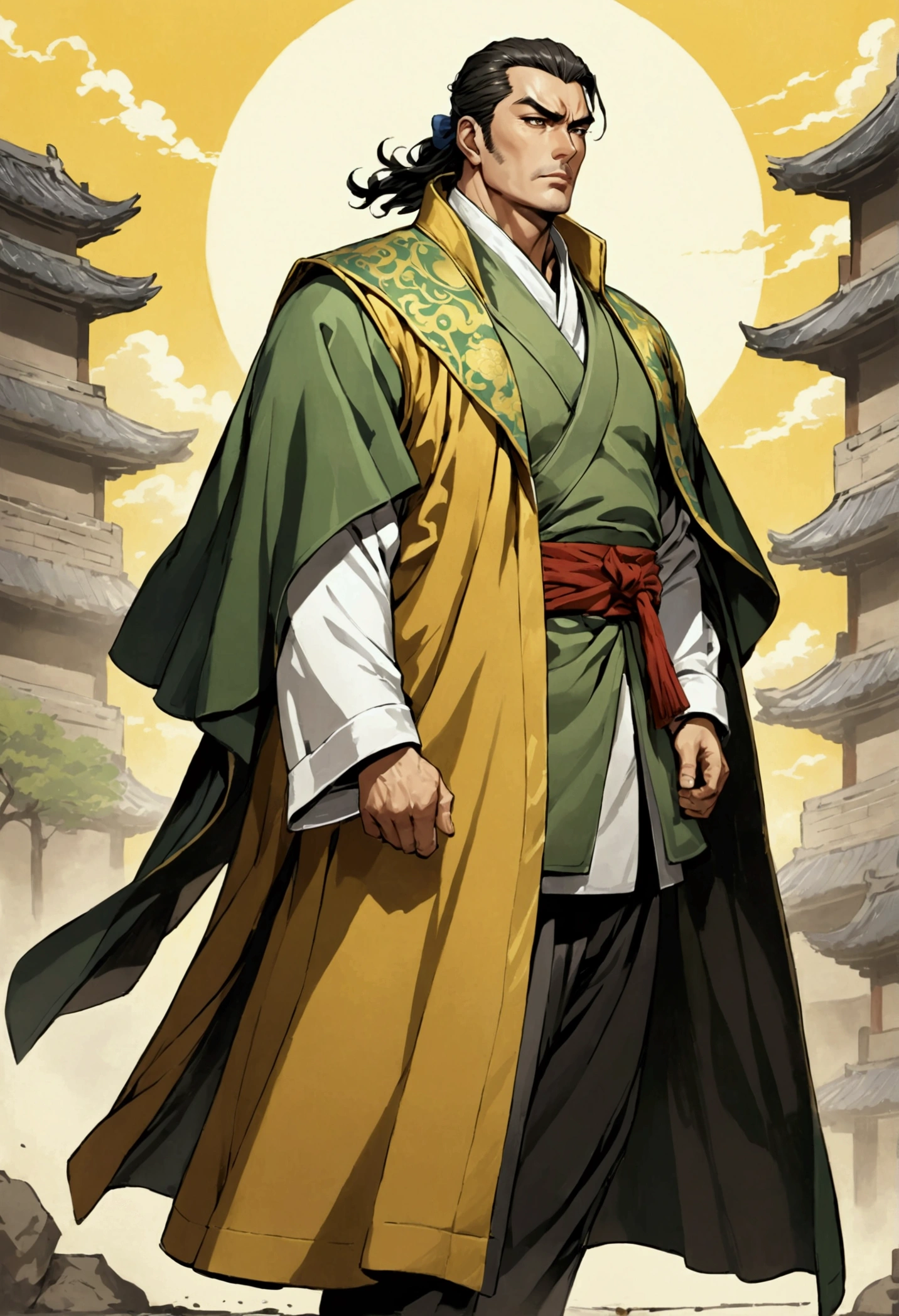 Three Kingdoms Jojo, Clothes made of a coat, leader, middle aged man, Full body exposed, Looking to the side