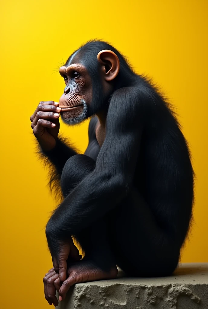 Create an image for me I want a mcpanzé in the thinking position yellow background He has the expression that he is reflecting and thinking about life