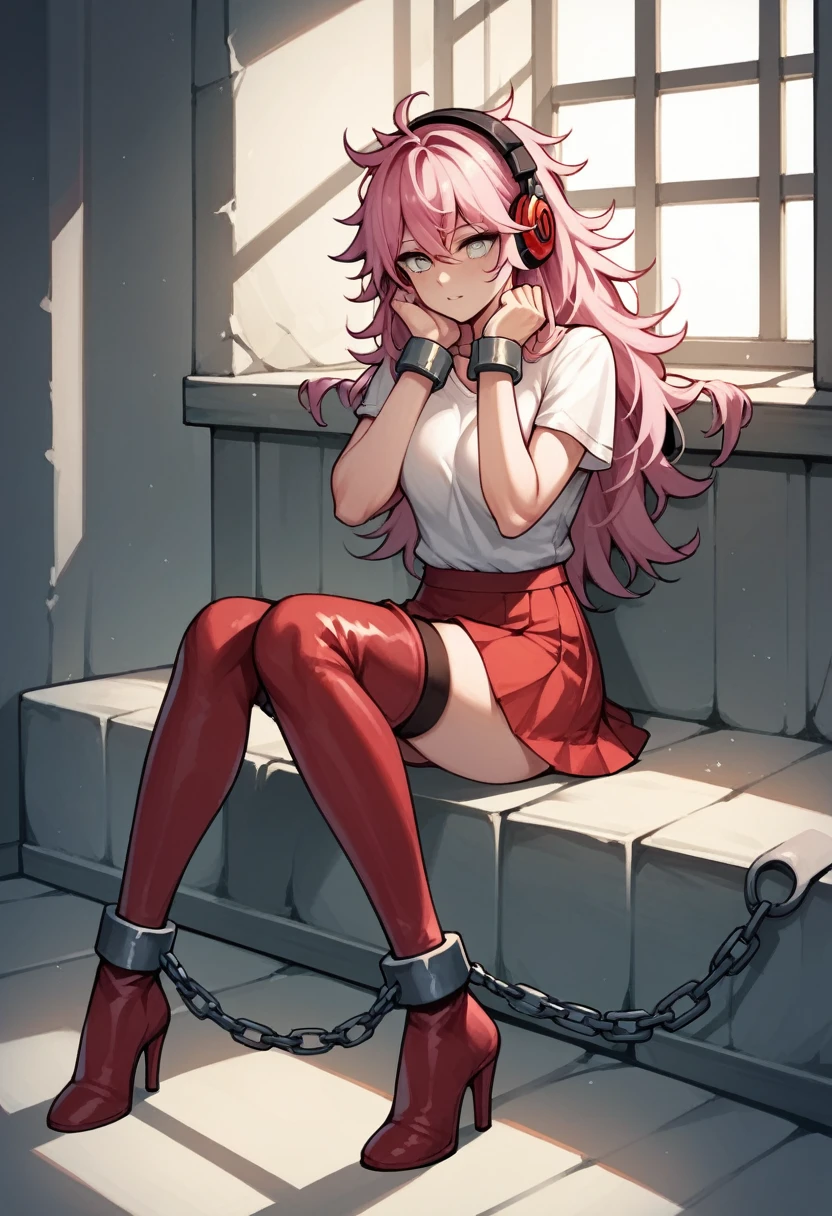 score_9, score_8_up, score_7_up, score_6_up, score_5_up, score_4_up, source_anime, 1woman, sit, pink hair, long hair, white eyes, messy hair, shackles, putting arms, white shirt, red skirts, thigh high boots, heels, stockings, dungeon, headphones, best quality, best res, 4K, UHD,