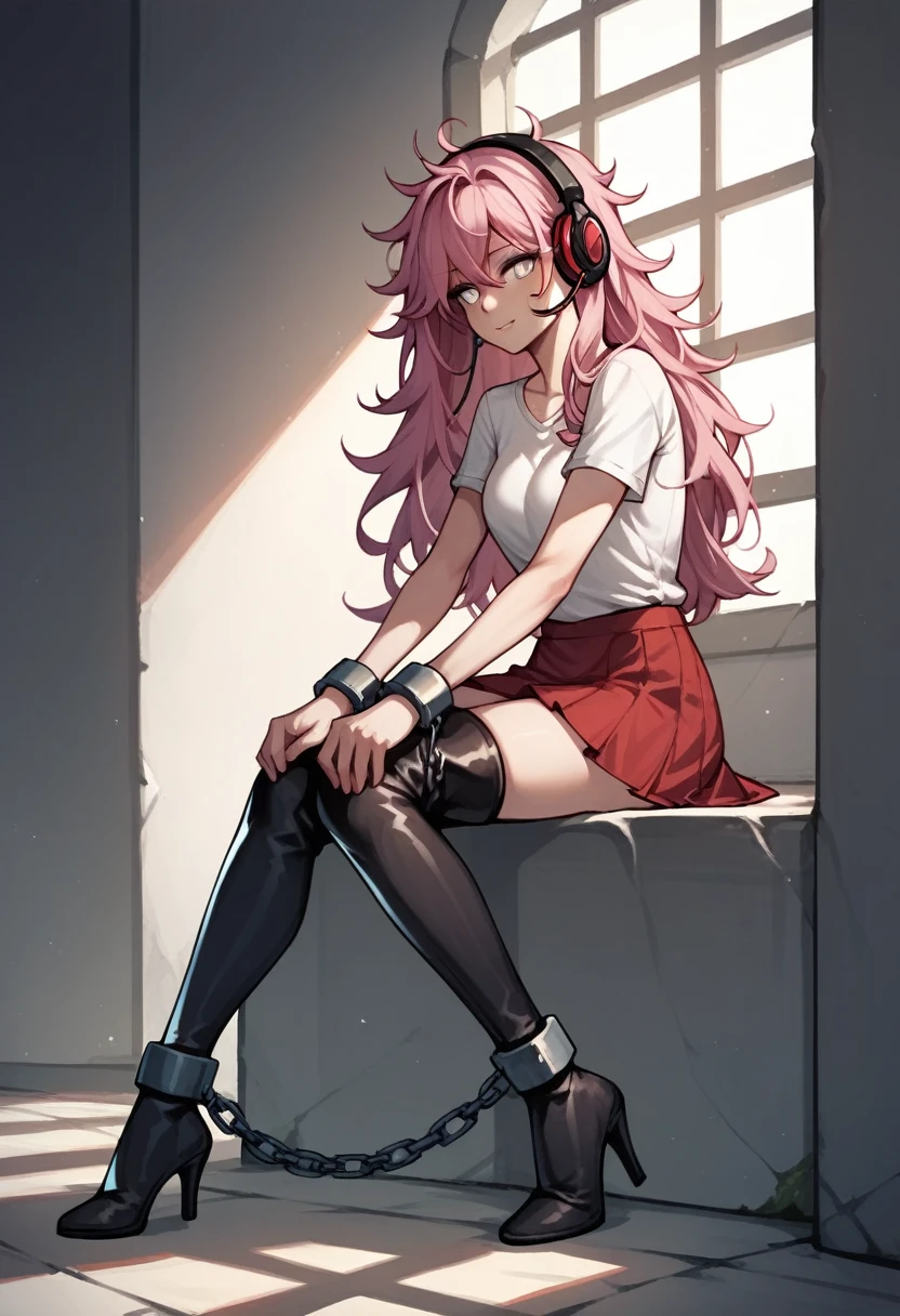 score_9, score_8_up, score_7_up, score_6_up, score_5_up, score_4_up, source_anime, 1woman, sit, pink hair, long hair, white eyes, messy hair, shackles, putting arms, white shirt, red skirts, thigh high boots, heels, stockings, dungeon, headphones, best quality, best res, 4K, UHD,
