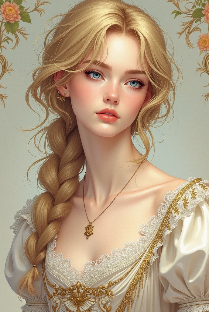  (masterpiece, Best Quality, High resolution: 1.4), detailed, intricate details, 4k, touch of color, Line art, French Victorian style Detail.
man, androgino wavy hair rubio, delgado, wavy hair, blue eyes, smooth skin, White skin, delgado, smiling, gentle. Beautiful.

Clothing detail Prince dress with white and gold lace.