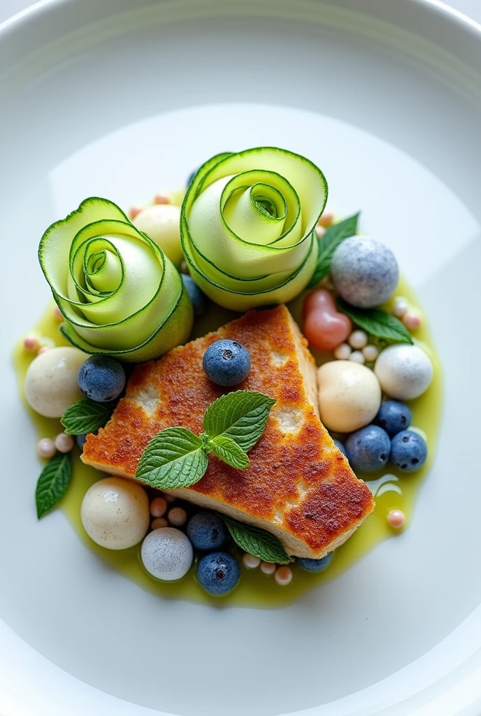 Zucchini and hake rose, accompanied by fake coconut caviar, blueberry air, and mint sauce.