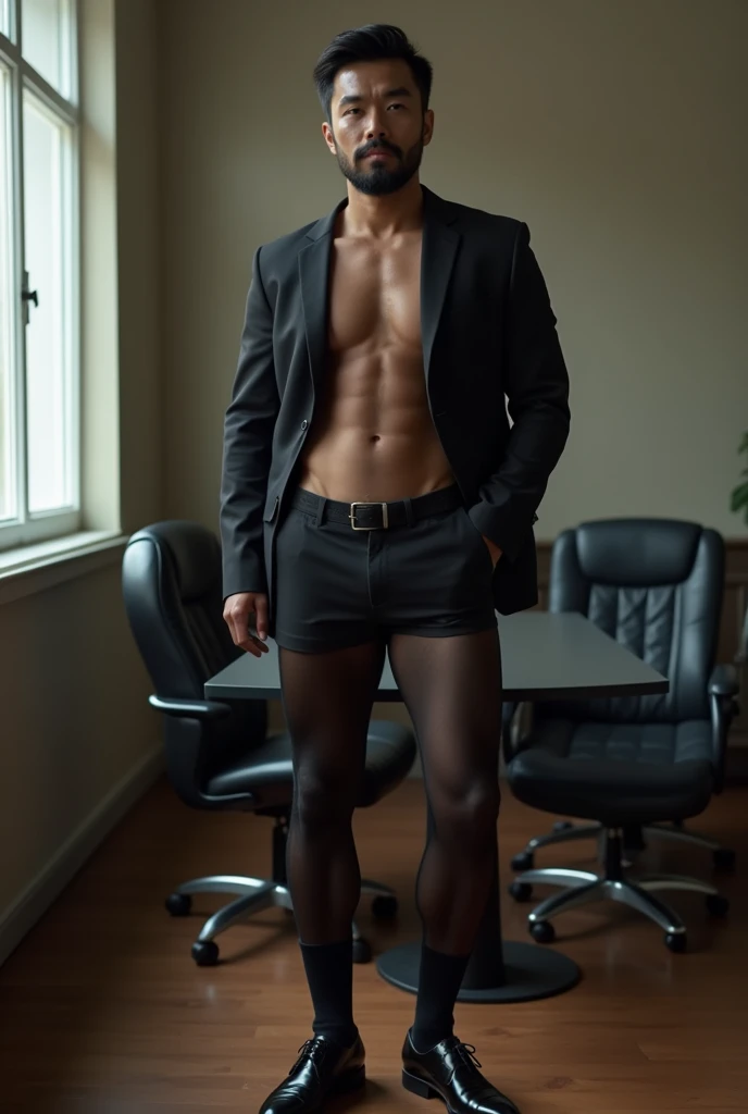 East Asian short hair dad transparent tight suit black leather shoes long legs business short black socks black stockings full body caressing big black cock masturbation hard muscle beard masculine office sexy abdominal muscles mutual fuck