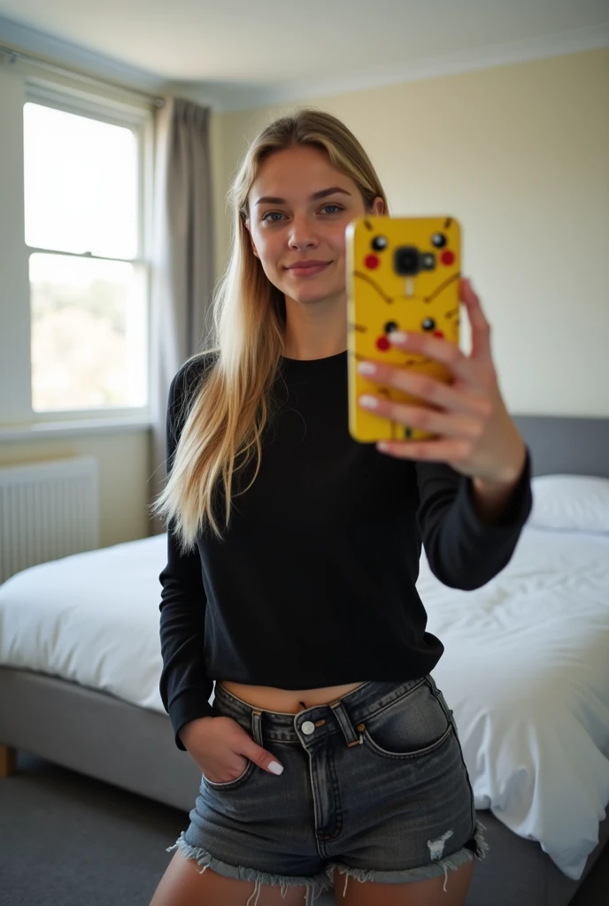 The image shows a young woman with long, straight blonde hair., standing in a room. She is taking a selfie with her mobile phone, which has a case decorated with Pikachu characters. Her hair falls over her shoulders and back., and she looks at the camera with a slight smile.
The woman is wearing a black long-sleeved t-shirt and a pair of dark grey tight shorts with a black tie-dye design.. The shorts are made of a material that appears to be ribbed or textured., and fit your figure. The room you are in has a bed with a light-colored coverlet and a window that lets in natural light., lighting the scene.
In the background, you can see a grey carpet, a radiator, and part of a piece of furniture, suggesting that the image was taken in a well-lit bedroom. The woman's expression is relaxed and confident..