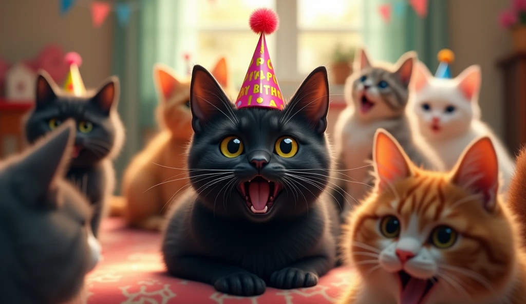 Artistic inspiration: photographic style, Excited black cat on his birthday with a birthday hat on his head and surrounded by other cats celebrating
