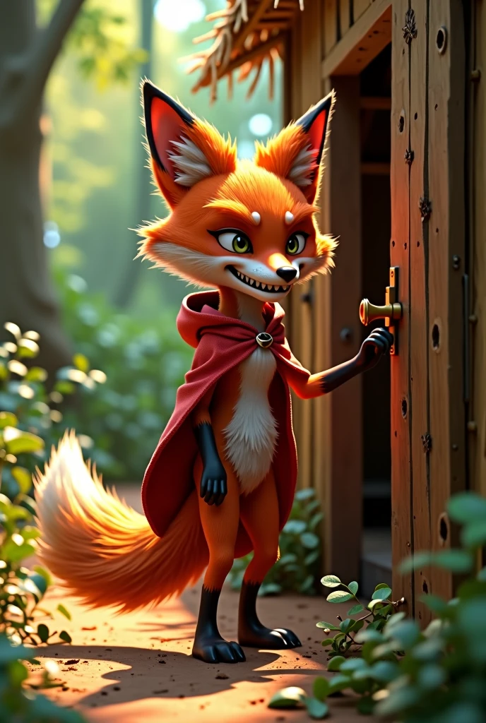 closeup 3D illustration, (1male fox:1.2), (sinister yet playful expression:1.5), dangerously playful, dark humour, wearing a red cape and a red hoodie standing on its too feet like a cartoon character, lean build, (disproportionate body long nose and mouth), (smiling notoriously with expression of ), (realistic fur texture), (jungle background:1.4), standing and knocking the door of a straw house, sunlight filtering through the trees, (soft lighting:1.3), (green and earthy color scheme:1.3), (highly detailed), (ultra quality:1.3), (masterpiece), (digital art), 8K resolution, HDR, depth of field, (soft shadows), (photorealistic:1.3), (animation:1.2), (by Greg Rutkowski:0.9), (in the style of Alphonse Mucha), trending on ArtStation, award-winning art