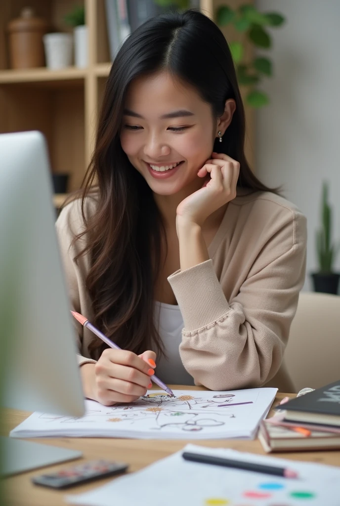 An Asian woman happily working on design on a computer