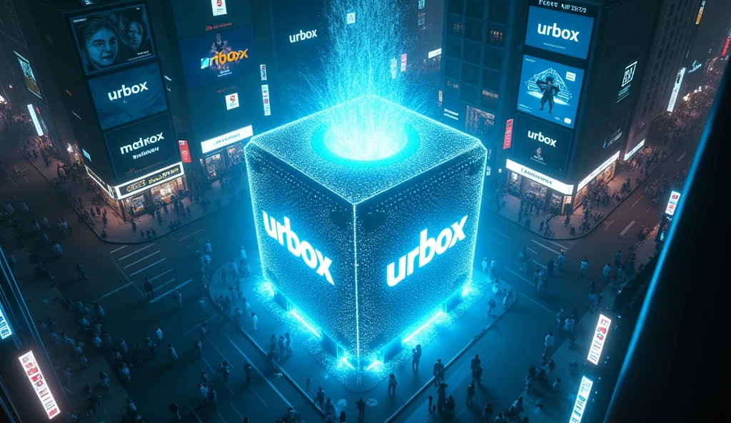 sky view to the city, camera shot from top view, a giant cube hologram logo with the words "UrBox" in the wide growded street, The hologram logo explodes and emits an all-encompassing blue light between cyberpunk buildings. Lighting: Dark colors, faint blue lights from billboards. Effects: LED strips on the device gradually glow. Special: The scene evokes a sense of suspense and anticipation.