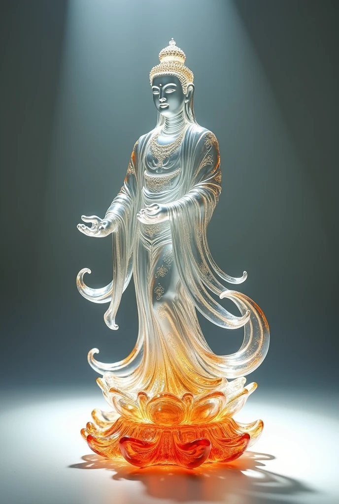 A very delicate full-body image of Guanyin, made of glass, translucent, decorated with small gold and red colors. Beautiful and exquisite details, shimmering light, the best quality glass art.