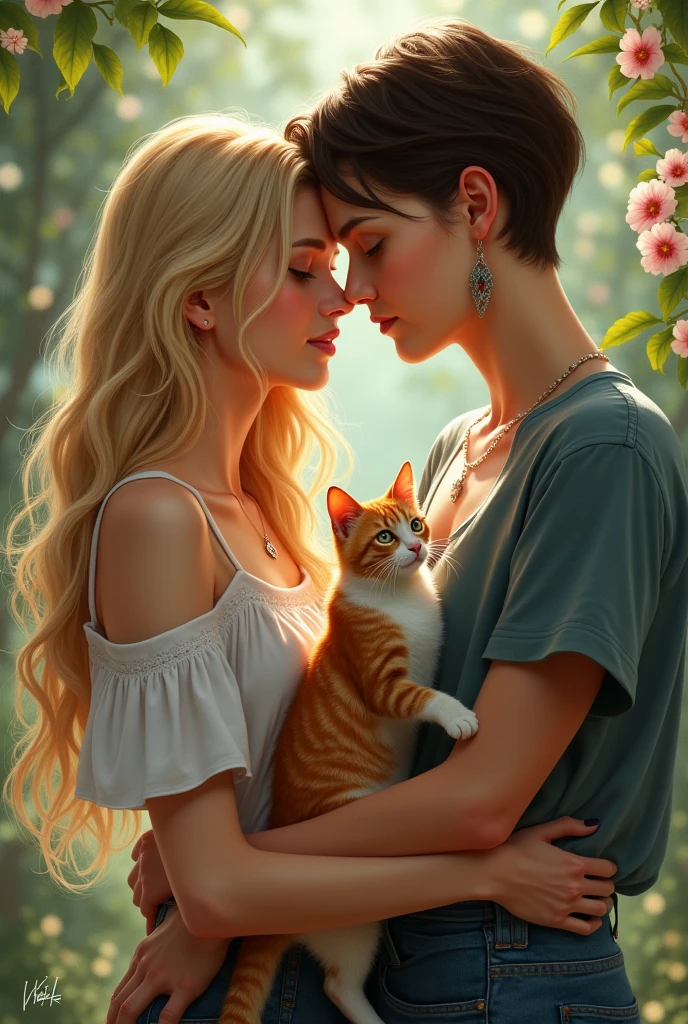 I'm writing a lesbian novel where the elder one in the lead couple is feminine but not so feminine she's 25 and 5'8" tall wears not so feminine clothes has long silky blonde hair with sea blue eyes and the younger one has dar brown short boy cut hair. She is 18 masculine wears stylish masculine clothes and has emerald green eyes she's around 6'2" tall. My novel title is WOVEN TOGETHER.
I don't the cover picture to be in a home scenario
So I want my cover to be something romantic a homely and a little realistic and they both have cats an orange boy and a black and white girl cat. I want you to make a little realistic cover picture for me