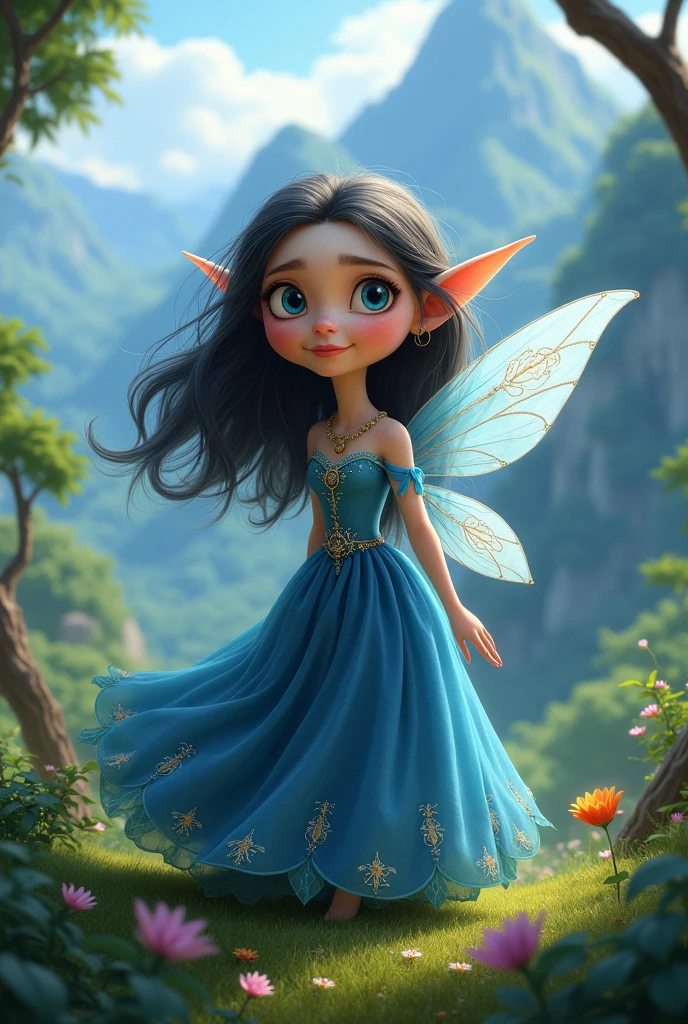 Pixar image, an old fairy , blue dress, dark hair and eyes,